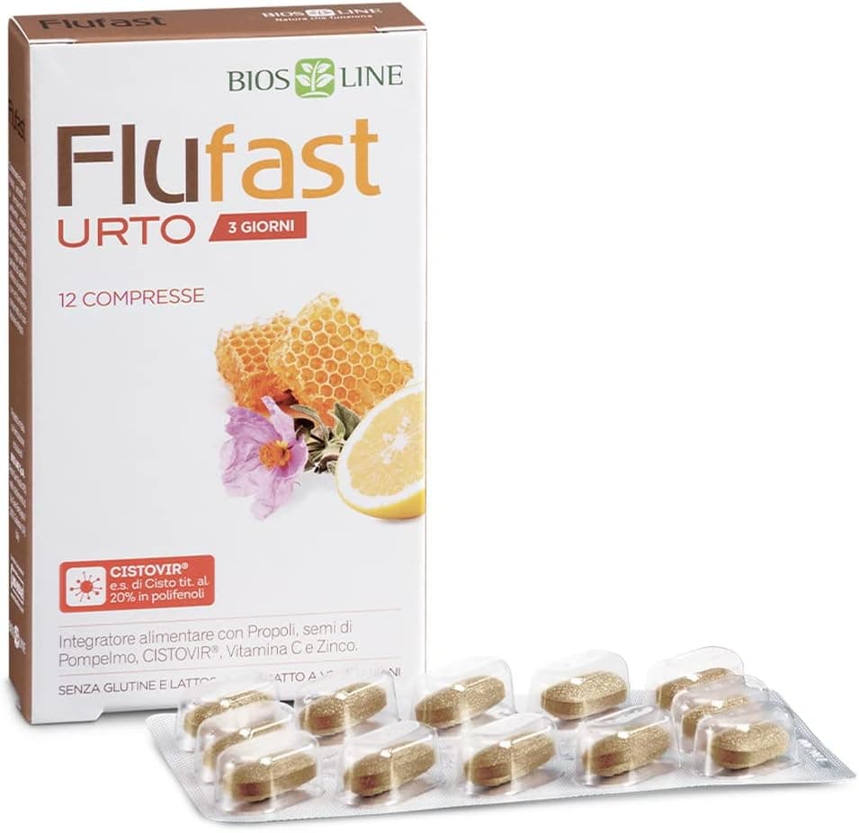 BIOS LINE FluFast Urto 3 Giorni, 12 compresse di Integratore Alimentare ad Azione Urto Contro i Primi Disturbi da Raffreddamento