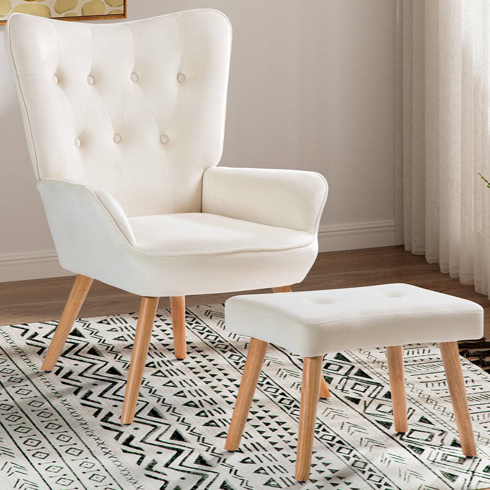 Poltrona Arredo con Sgabello Poggia Piedi Salotto Ufficio Velluto Moderno Beige in Poltrone Danyx - Casoria, commercioVirtuoso.it