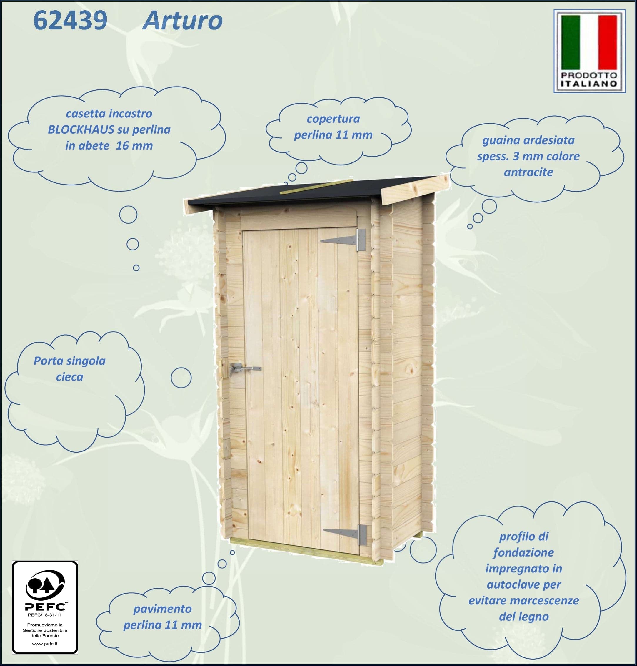 Casetta in legno con porta finestrata deposito da giardino per attrezzi "Made in Italy" 98 x 64 x h 188 cm in Capanni La Zappa - Altamura, commercioVirtuoso.it