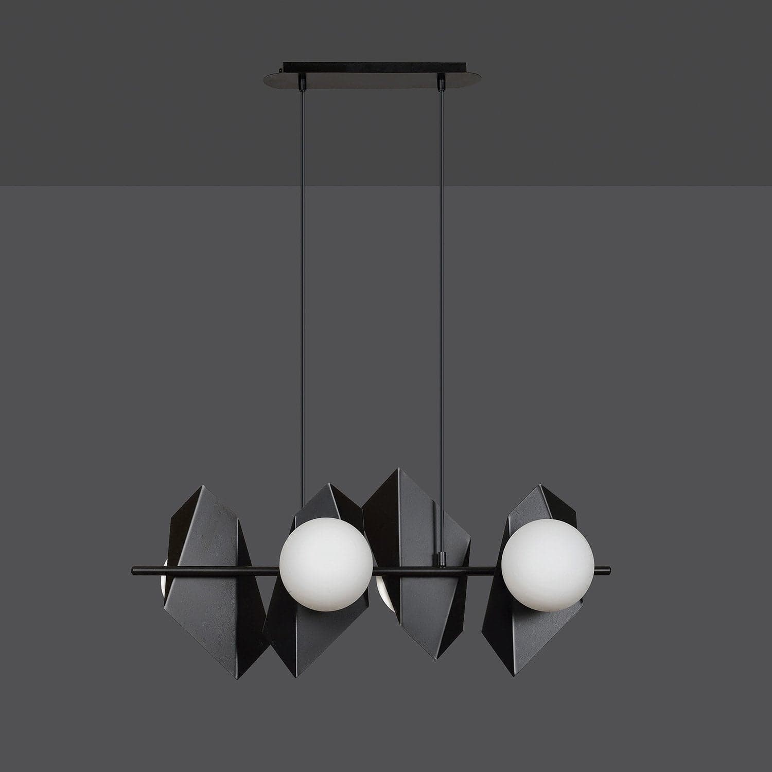 Lampadario 4 Luci Moderno Drifton In Acciaio Nero E Sfere Vetro Opalino in Lampadari LuceArt - Montecorvino Pugliano, commercioVirtuoso.it
