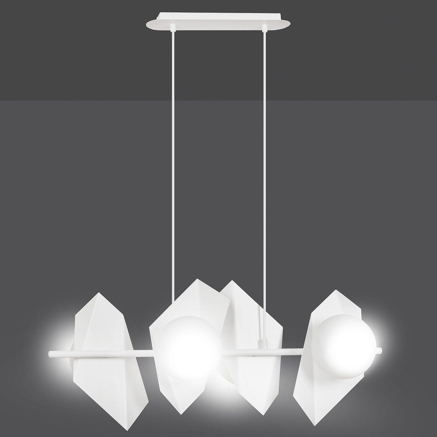 Lampadario 4 Luci Moderno Drifton In Acciaio Bianco E Sfere Vetro Opalino in Lampade a sospensione LuceArt - Montecorvino Pugliano, commercioVirtuoso.it