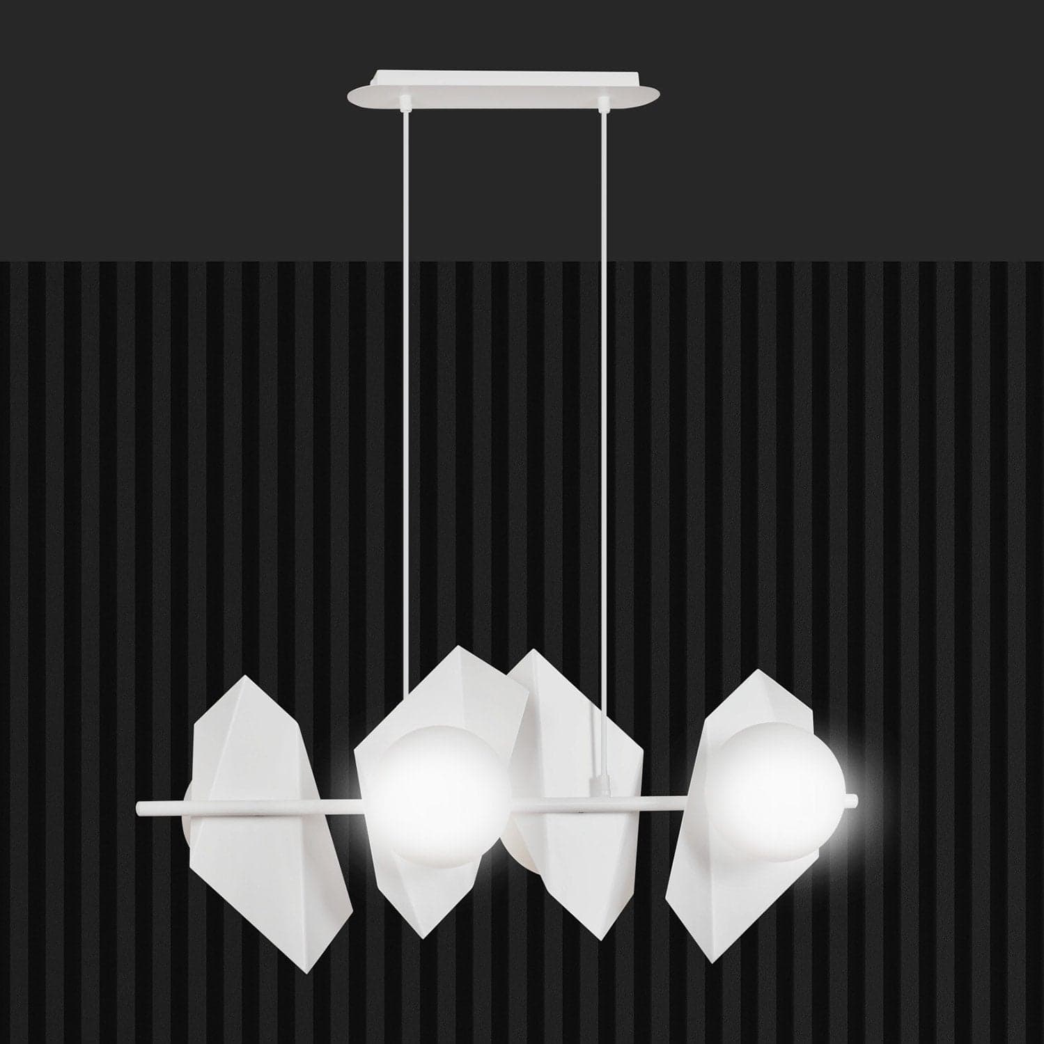 Lampadario 4 Luci Moderno Drifton In Acciaio Bianco E Sfere Vetro Opalino in Lampade a sospensione LuceArt - Montecorvino Pugliano, commercioVirtuoso.it
