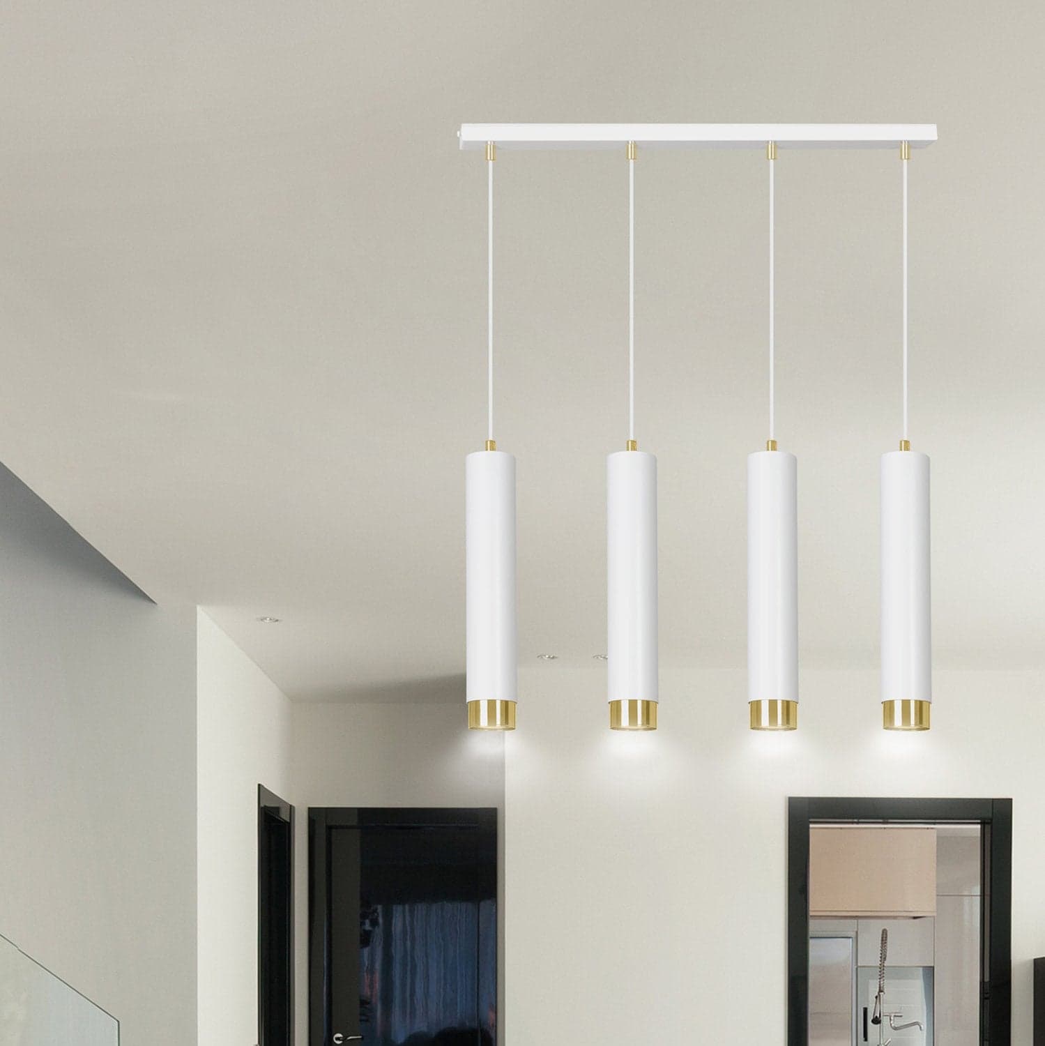 Lampadario 4 Luci Kibo In Acciaio Bianco E Tubolari In Bianco E Oro in Lampade a sospensione LuceArt - Montecorvino Pugliano, commercioVirtuoso.it