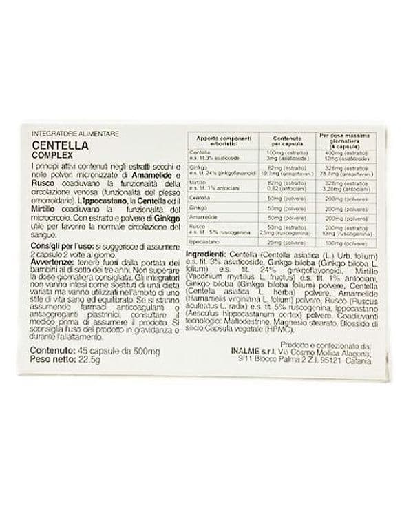 Centella Complex 45 caps. con Mirtillo, Rusco, Ippocastano, Amamelide migliorano il microcircolo sollievo alle gambe in Bioflavonoidi AlBio Sicily - Misilmeri, commercioVirtuoso.it