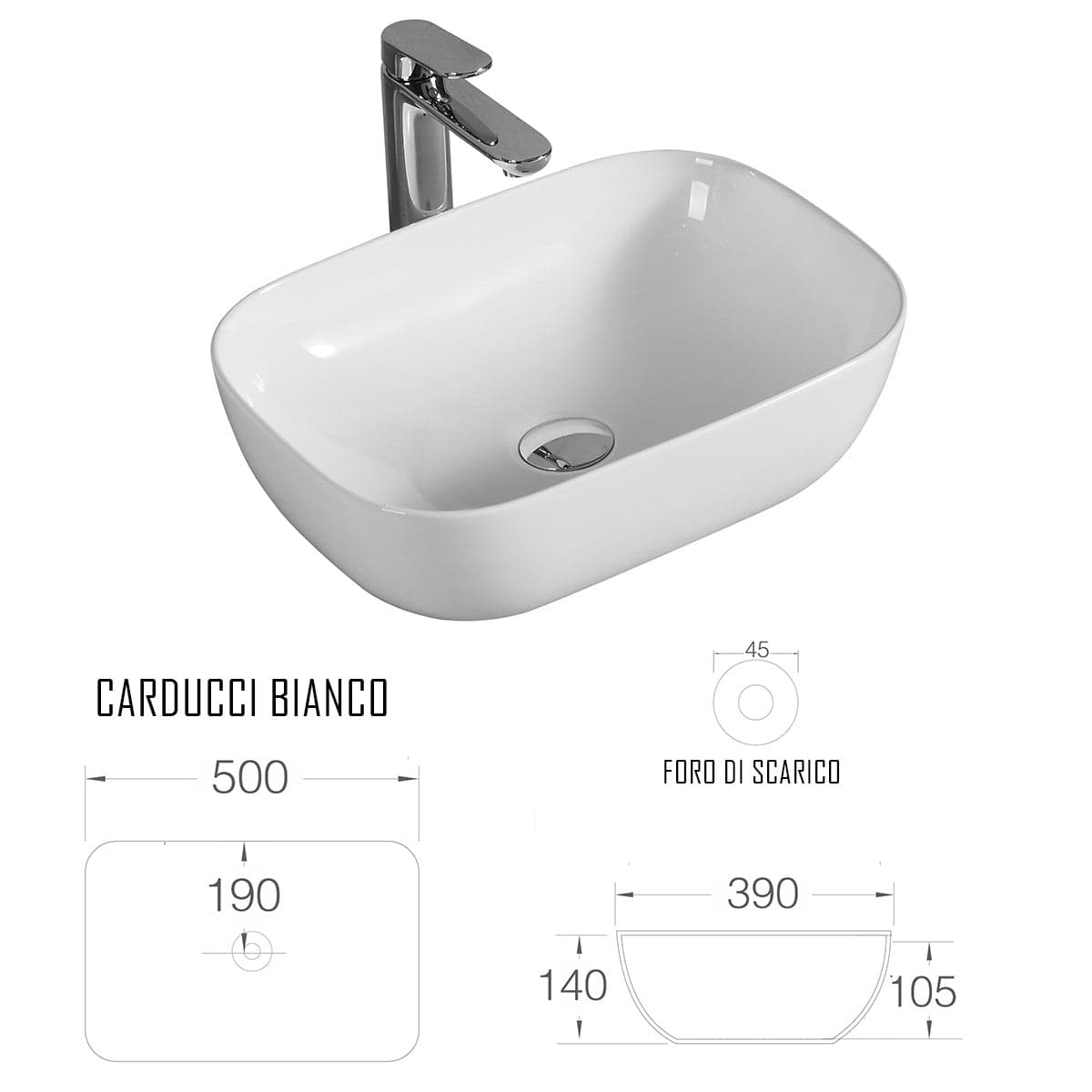 Lavandino bianco da appoggio 50x38 | Carducci in Lavabi Mondialshop - Parabiago, commercioVirtuoso.it