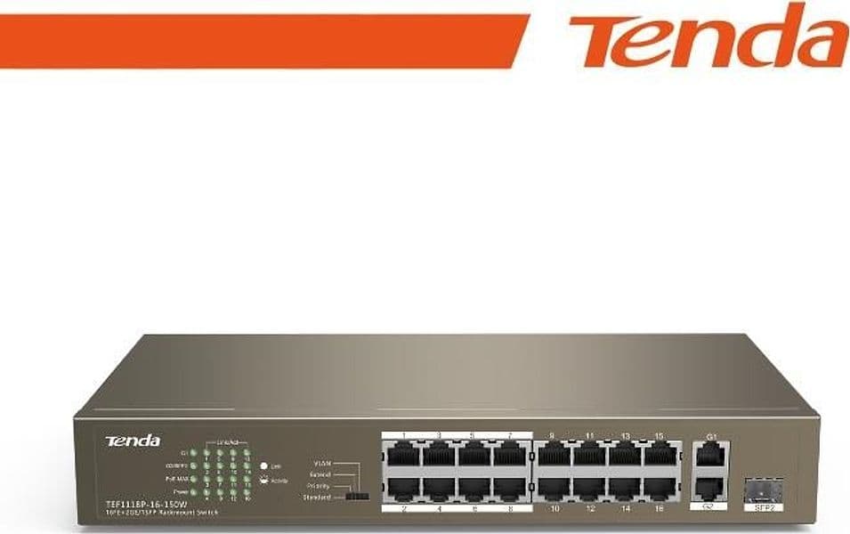 Tenda Switch 16-Ports PoE + 1 GE+1 SFP Unmanaged - TEF1118P-16-150W - 2