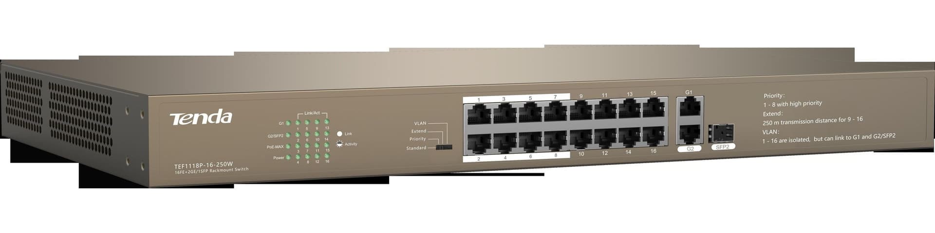 Switch Desktop 16 porte 10/100M PoE 250W + 2 GE - 2