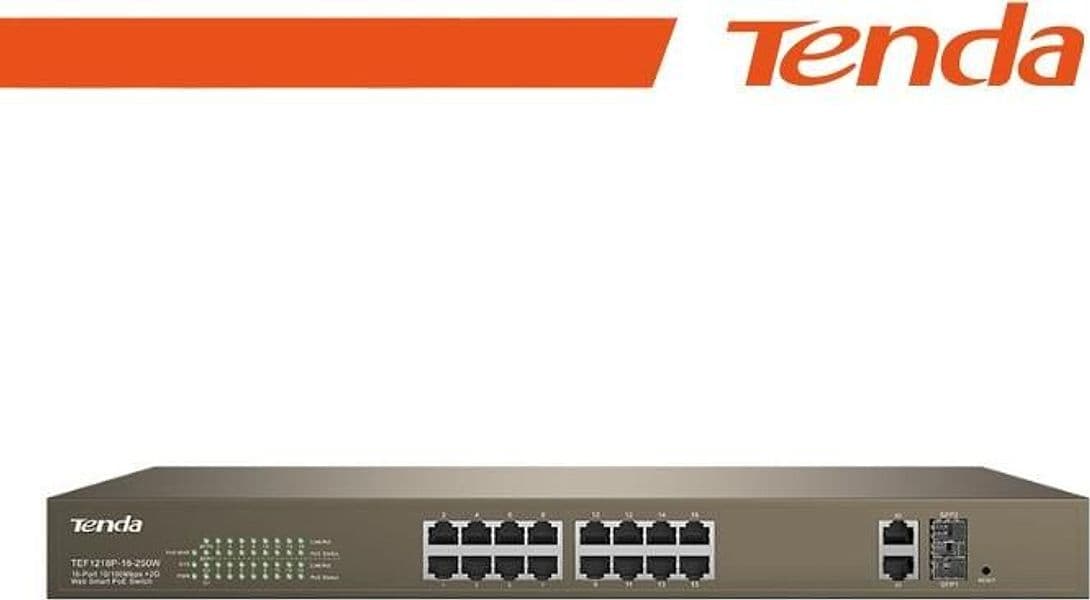 Tenda Switch PoE Web Smart 16 Porte 10/100+2Gb+2SFP - TEF1218P-16-250W - 2