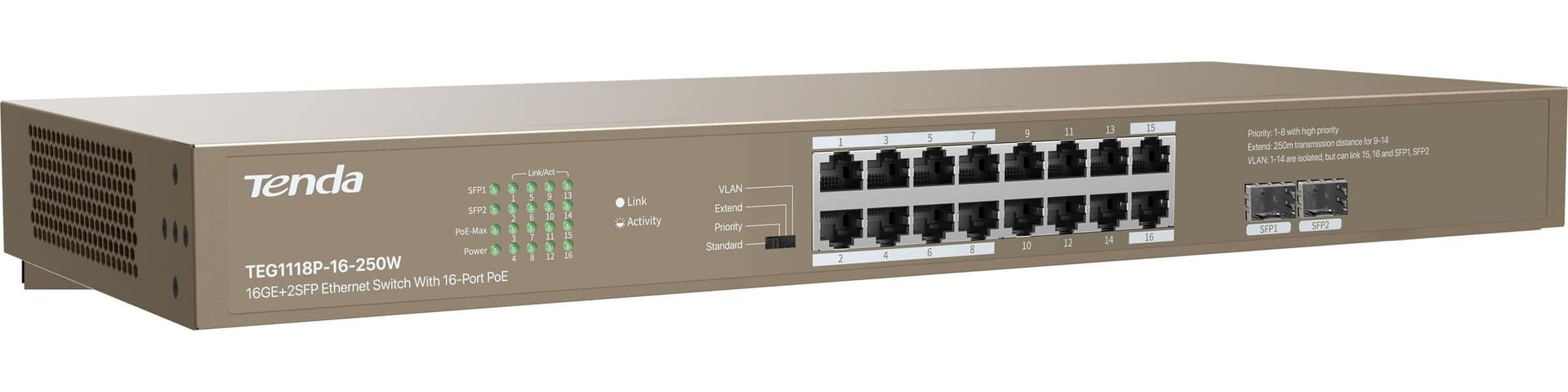 Switch Tenda 16-Porte PoE 16GE+2SFP - 250W - 2