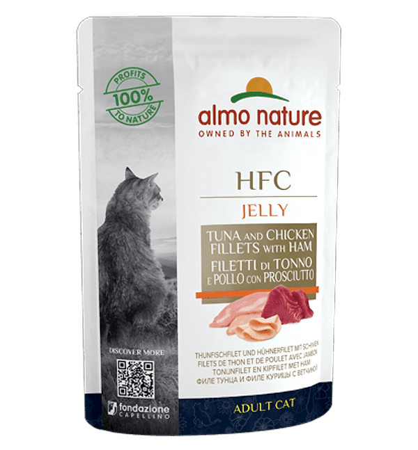 Almo Nature Bustina HFC Jelly gusto Tonno Pollo e Prosciutto per Gatti Adulti 55gr