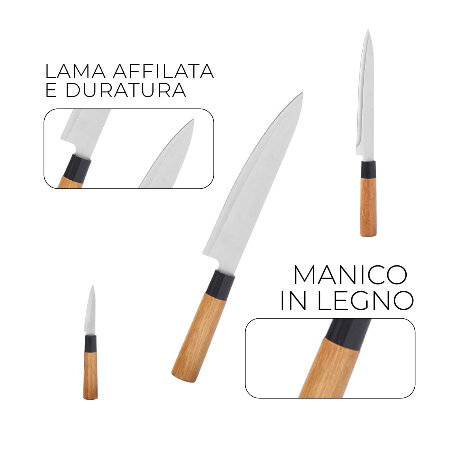 Confezione 5pz Coltelli Cucina Doppia Lama Manico in Legno Bambù Naturale in Set di coltelli da cucina Danyx - Casoria, commercioVirtuoso.it