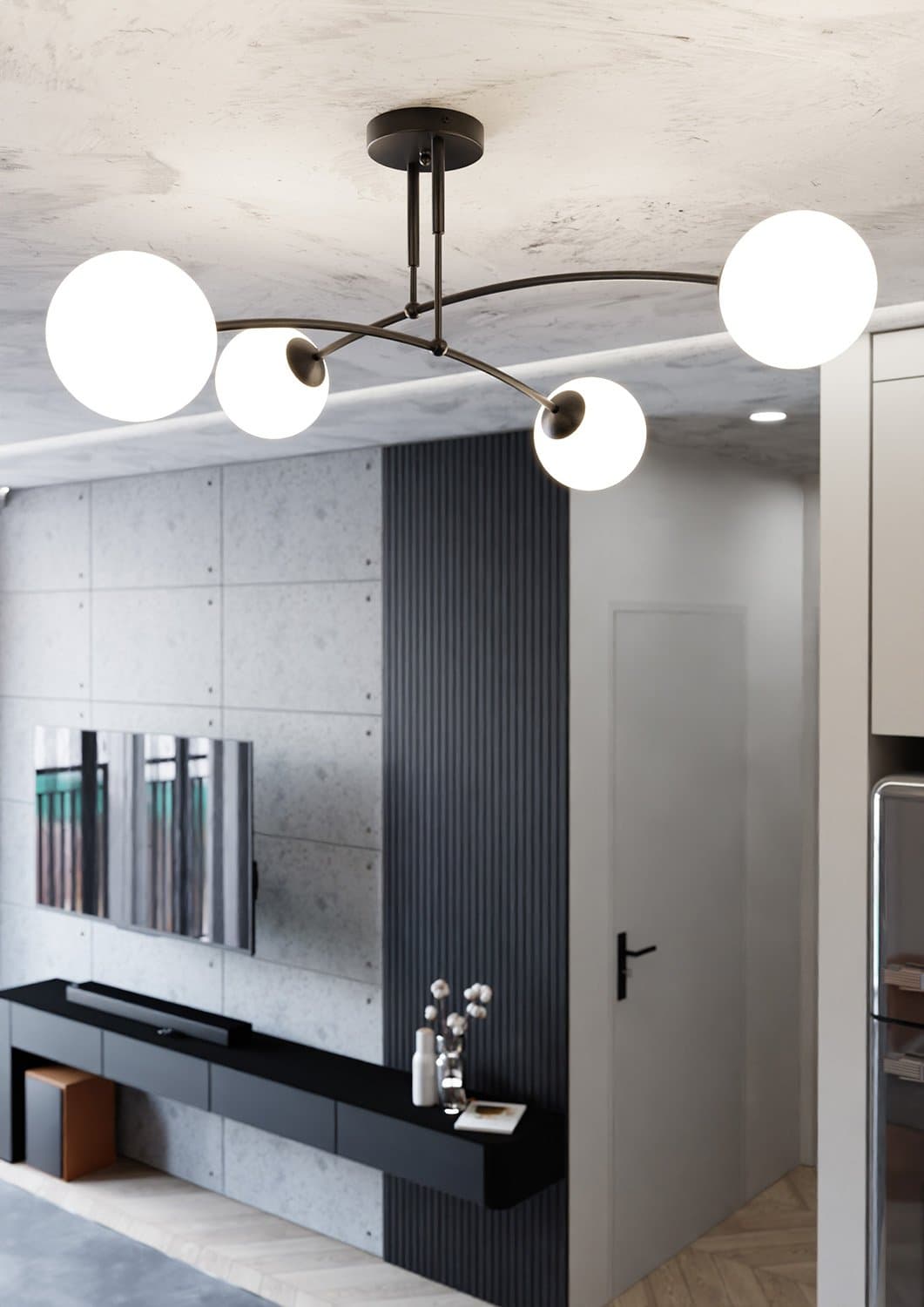 Plafoniera Moderna 4 Luci Pregos In Acciaio Nero E Vetri A Sfera In Bianco in Plafoniere LuceArt - Montecorvino Pugliano, commercioVirtuoso.it