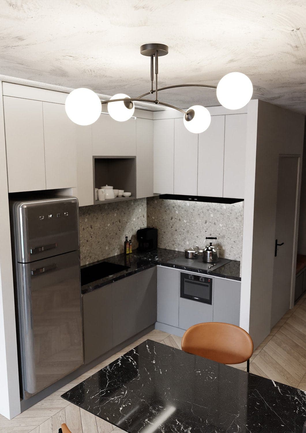 Plafoniera Moderna 4 Luci Pregos In Acciaio Nero E Vetri A Sfera In Bianco in Plafoniere LuceArt - Montecorvino Pugliano, commercioVirtuoso.it
