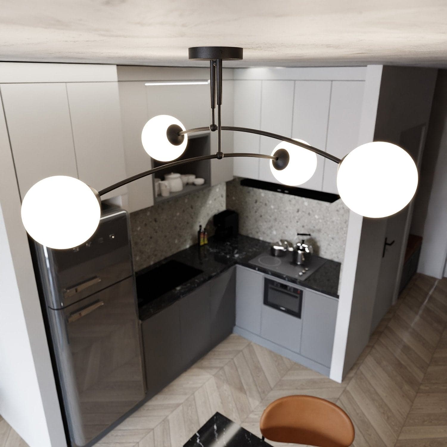 Plafoniera Moderna 4 Luci Pregos In Acciaio Nero E Vetri A Sfera In Bianco in Plafoniere LuceArt - Montecorvino Pugliano, commercioVirtuoso.it