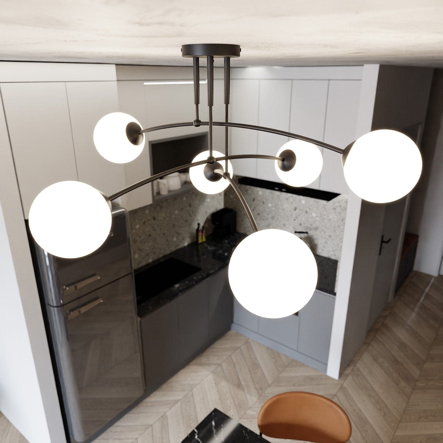 Plafoniera Moderna 6 Luci Pregos In Acciaio Nero E Vetri A Sfera In Bianco in Plafoniere LuceArt - Montecorvino Pugliano, commercioVirtuoso.it