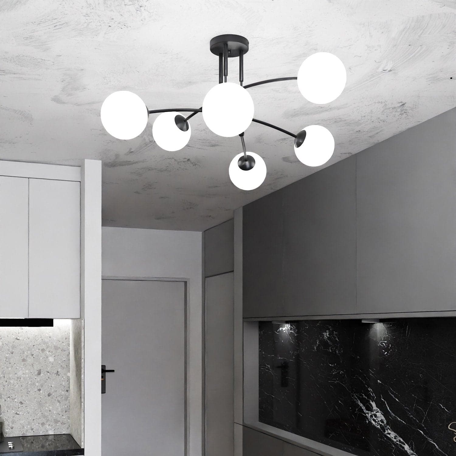 Plafoniera Moderna 6 Luci Pregos In Acciaio Nero E Vetri A Sfera In Bianco in Plafoniere LuceArt - Montecorvino Pugliano, commercioVirtuoso.it