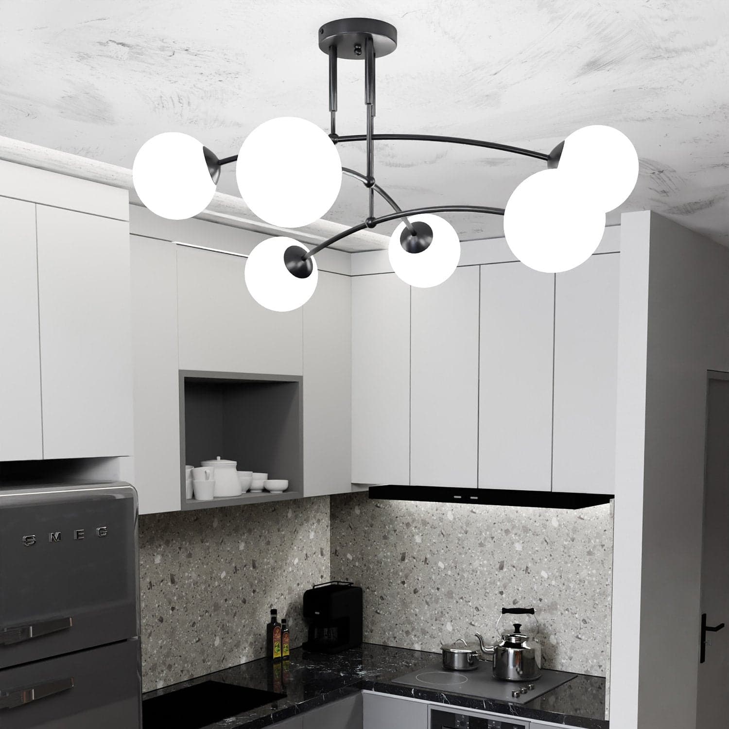 Plafoniera Moderna 6 Luci Pregos In Acciaio Nero E Vetri A Sfera In Bianco in Plafoniere LuceArt - Montecorvino Pugliano, commercioVirtuoso.it