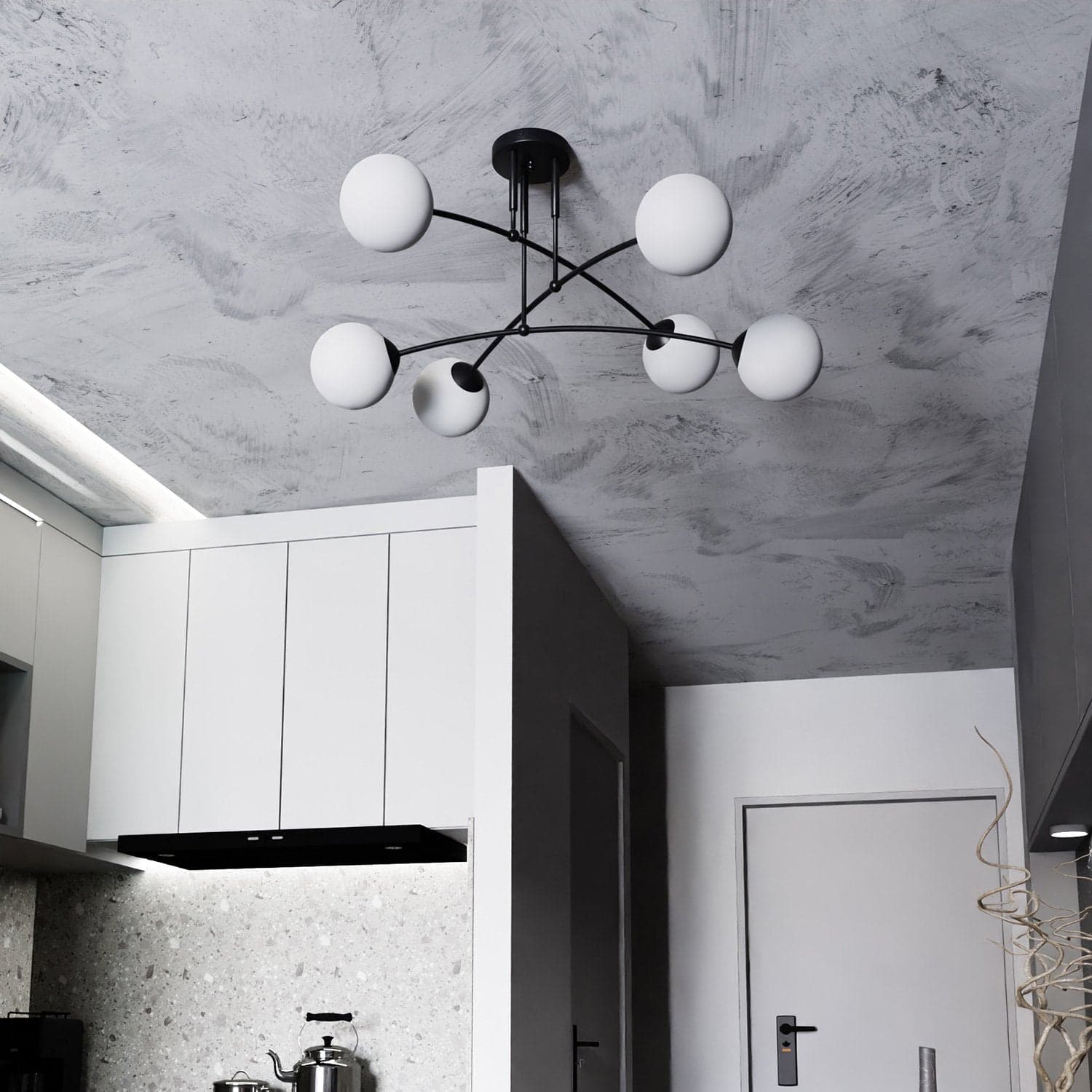 Plafoniera Moderna 6 Luci Pregos In Acciaio Nero E Vetri A Sfera In Bianco in Plafoniere LuceArt - Montecorvino Pugliano, commercioVirtuoso.it