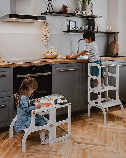 Torre Montessoriana Convertibile Step'n'Sit, Bianco con Cinghie Argent Ette Tete