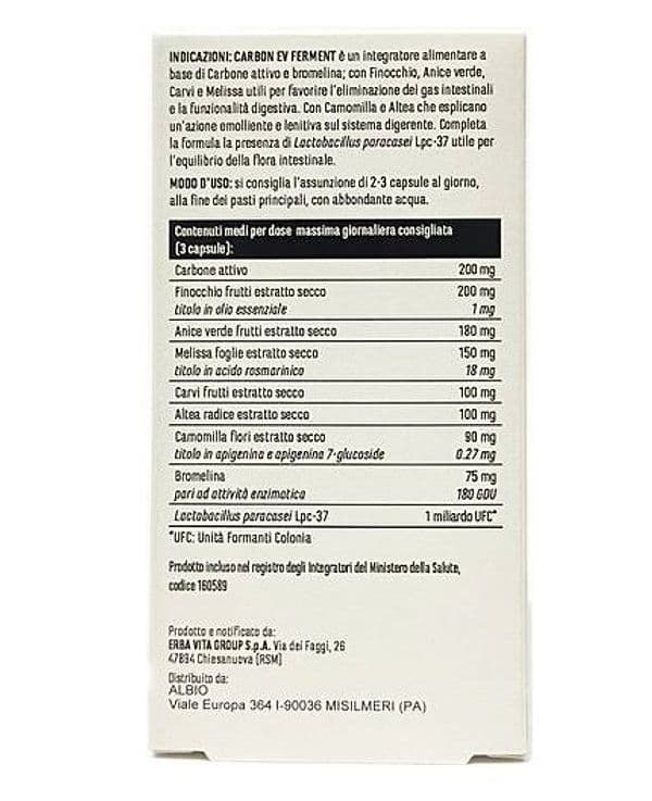 Carbonev 30 caps. Fermenti, Finocchio, Anice, Carvi, Bromelina, Melissa favorisce l’eliminazione dei Gas intestinali in Enzimi digestivi AlBio Sicily - Misilmeri, commercioVirtuoso.it