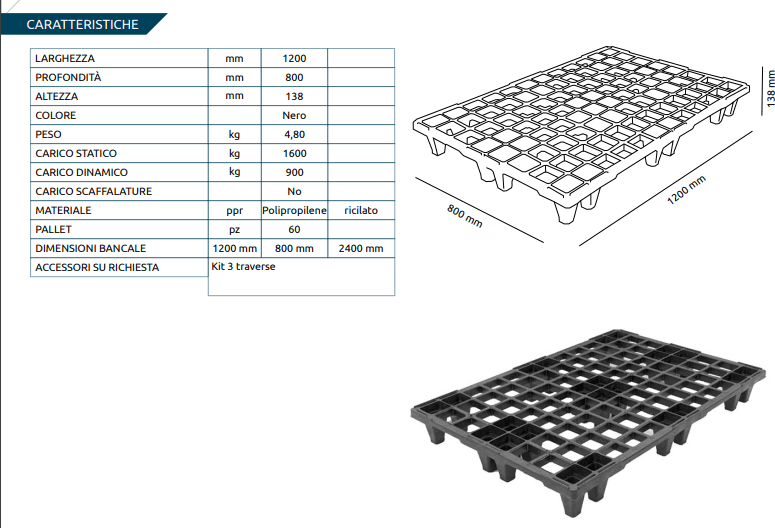 Pallet In Plastica (Ppr), Bancale Mis. 800 L X 1200 P X 138 H Mm, Piano Forato, Portata Statica 1600 Kg, Portata Dinamica 900 Kg in Altri ricambi per lavatrici BricoGo - Marano di Napoli, commercioVirtuoso.it