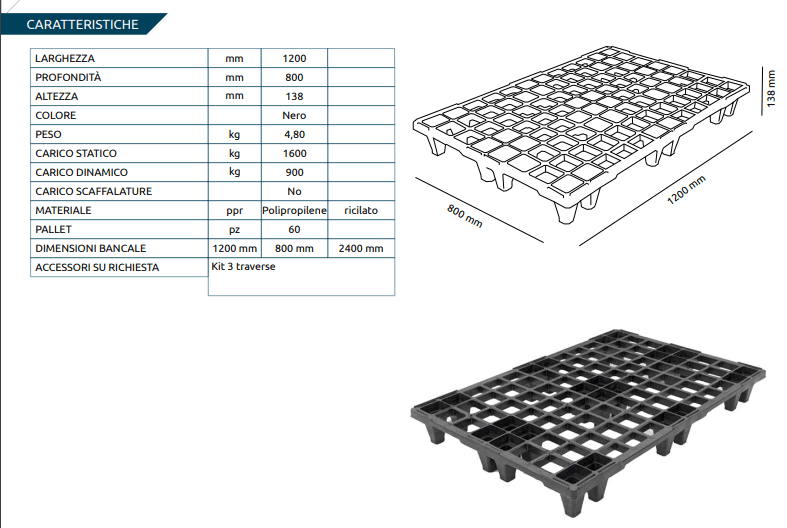 Pallet In Plastica (Ppr), Bancale Mis. 800 L X 1200 P X 138 H Mm, Piano Forato, Portata Statica 1600 Kg, Portata Dinamica 900 Kg in Altri ricambi per lavatrici BricoGo - Marano di Napoli, commercioVirtuoso.it