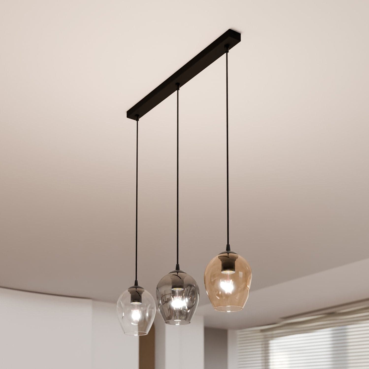 Lampadario 3 Luci Istar In Acciaio Nero E Vetri Ambra, Trasparente E Fumè in Lampade a sospensione LuceArt - Montecorvino Pugliano, commercioVirtuoso.it