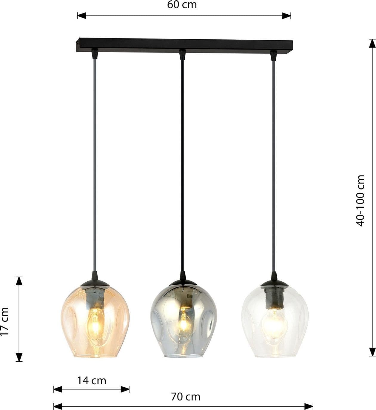 Lampadario 3 Luci Istar In Acciaio Nero E Vetri Ambra, Trasparente E Fumè in Lampade a sospensione LuceArt - Montecorvino Pugliano, commercioVirtuoso.it