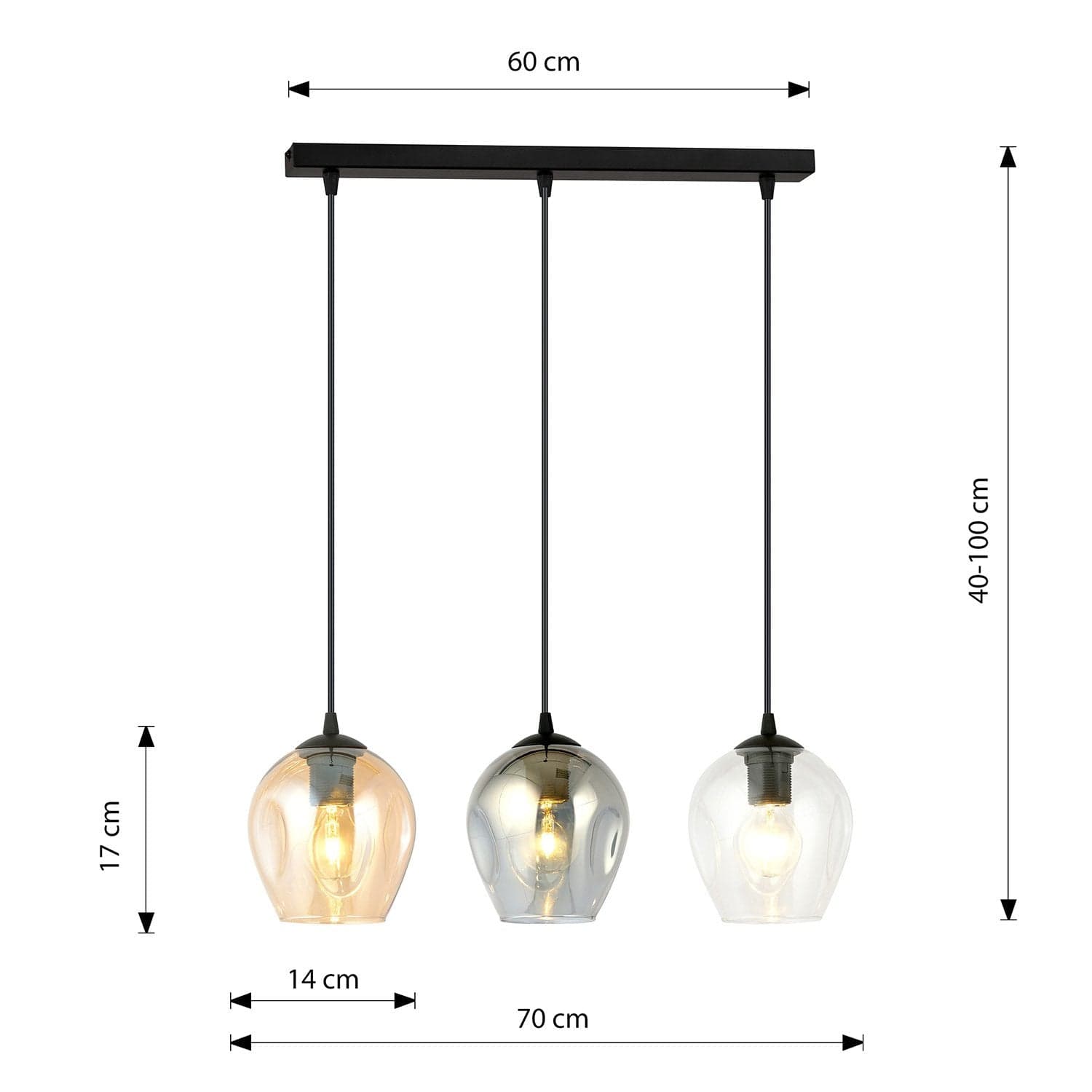 Lampadario 3 Luci Istar In Acciaio Nero E Vetri Ambra, Trasparente E Fumè in Lampade a sospensione LuceArt - Montecorvino Pugliano, commercioVirtuoso.it