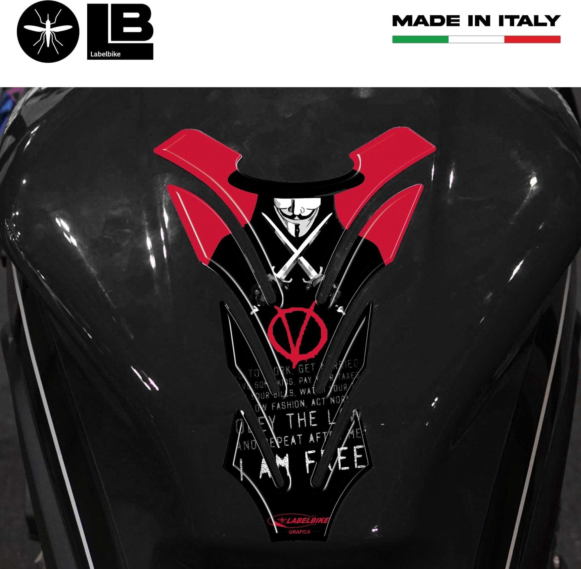 IMPERDIBILE PARASERBATOIO V PER VENDETTA ADESIVI per SERBATOIO MOTO in RESINA 3D in Paraserbatoio LabelBike - Bibbiano, commercioVirtuoso.it