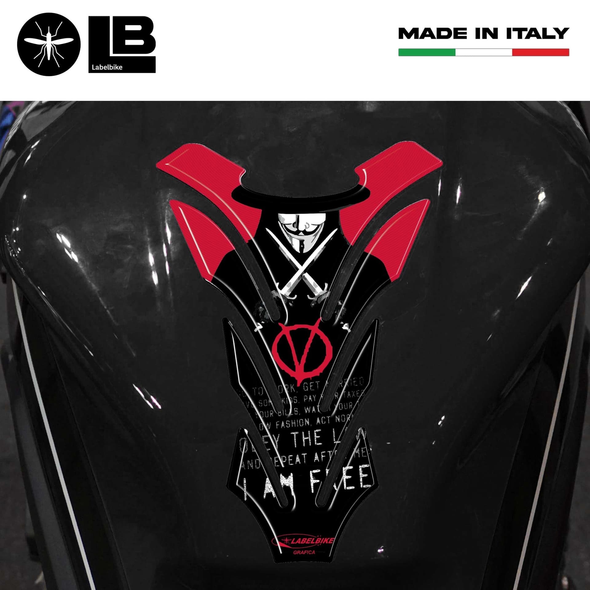 IMPERDIBILE PARASERBATOIO V PER VENDETTA ADESIVI per SERBATOIO MOTO in RESINA 3D in Paraserbatoio LabelBike - Bibbiano, commercioVirtuoso.it