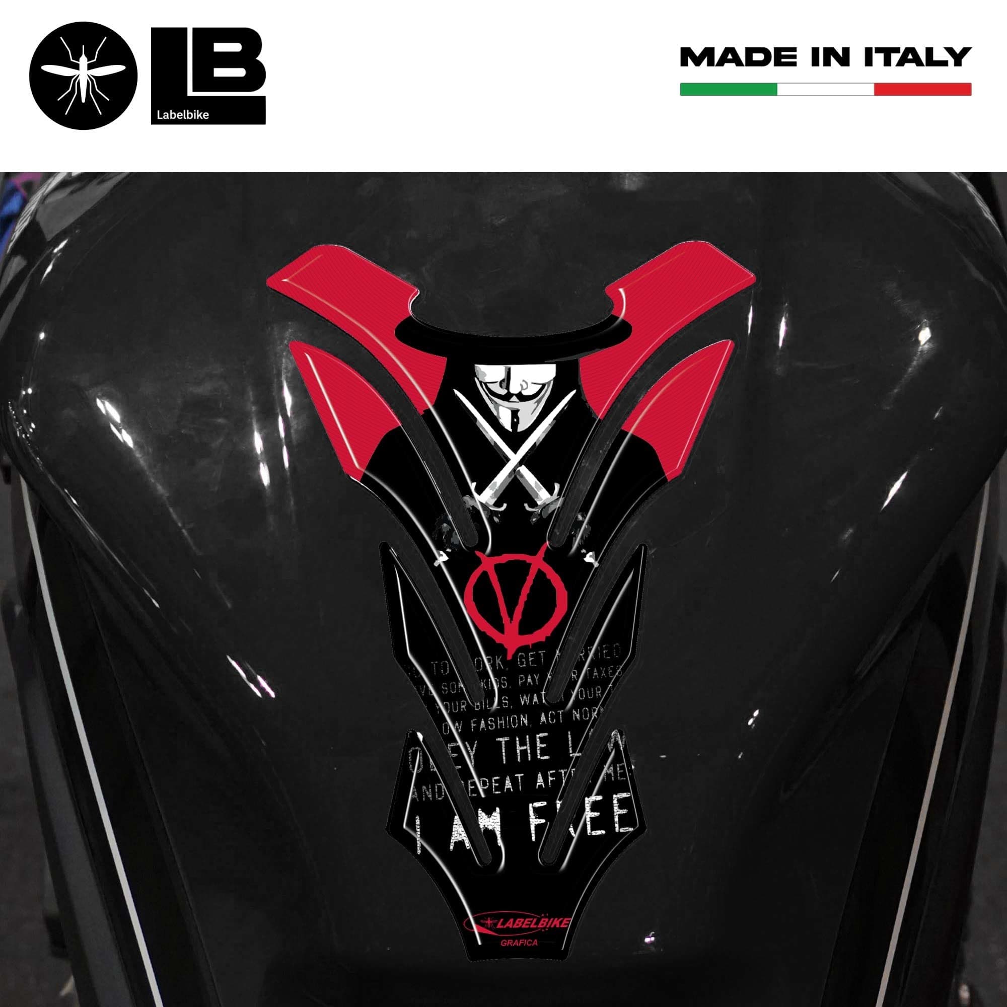 IMPERDIBILE PARASERBATOIO V PER VENDETTA ADESIVI per SERBATOIO MOTO in RESINA 3D in Paraserbatoio LabelBike - Bibbiano, commercioVirtuoso.it