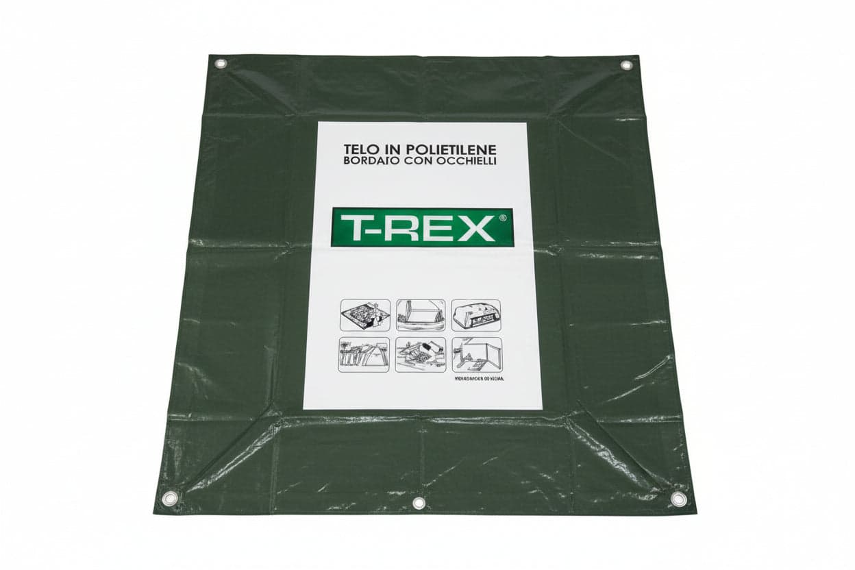 TELO OCCHIELLATO BORDATO CON ANGOLI RINFORZATI 200 GR. PESANTE  mt.4x4  gr.200 al mq.  colore verde/blu    TREX