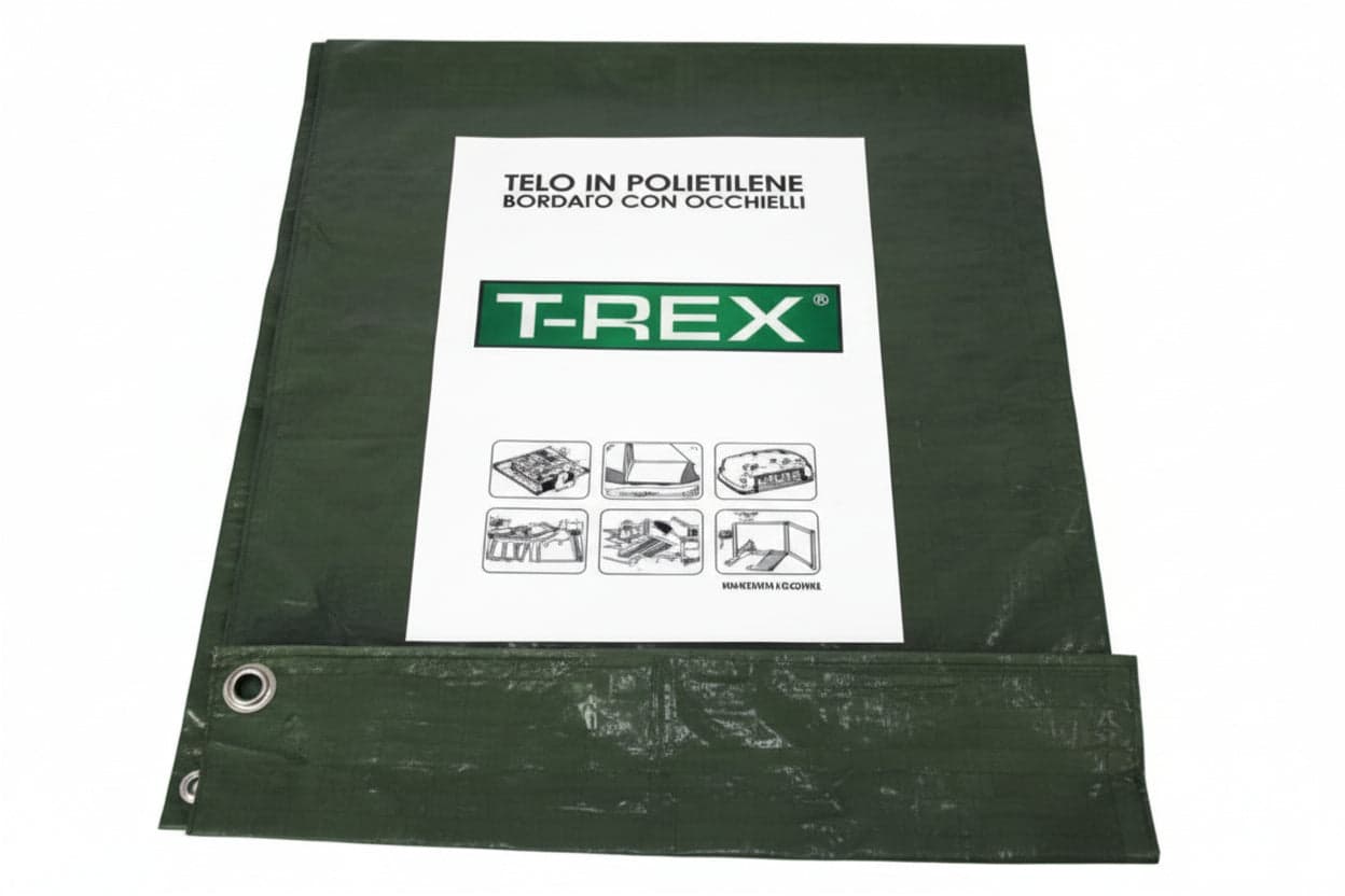 TELO OCCHIELLATO BORDATO CON ANGOLI RINFORZATI 200 GR. PESANTE  mt.6x8  gr.200 al mq.  colore verde/blu    TREX