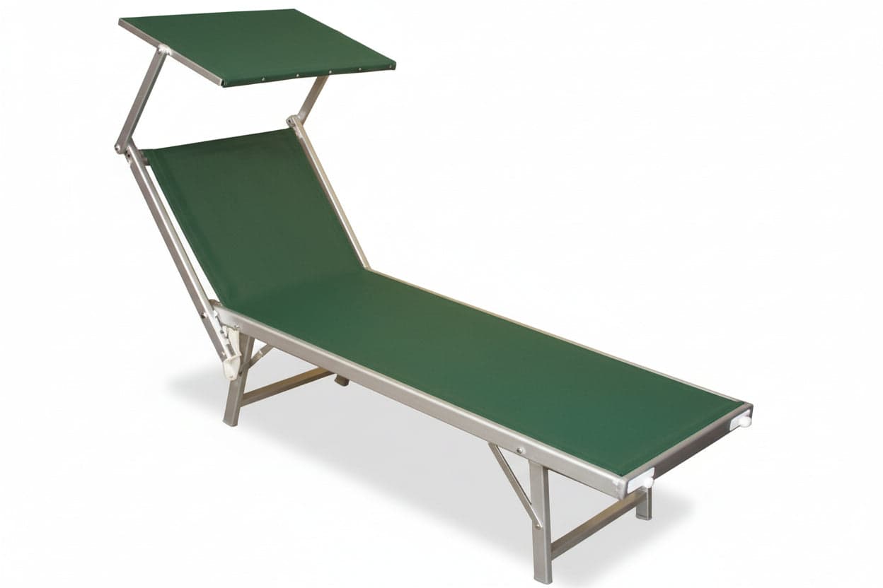 LETTINO ALLUMINIO PIEGH. PESANTE CON PARASOLE TESSUTO TEXILENE VERDE  cm.61x184x38/100h. con viti inox    VETTE