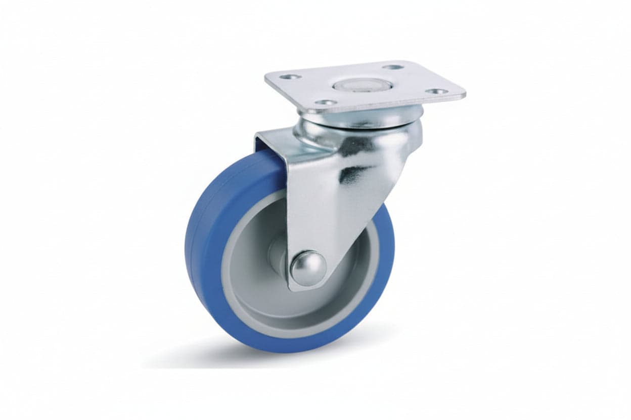 RUOTE A FORCELLA IN GOMMA BLU SINTETICA CON PIASTRA GIREVOLE  221- - ø mm.50x18 piastra mm.40x40 mm.66h. port. Kg.20 - 4 pezzi AVO