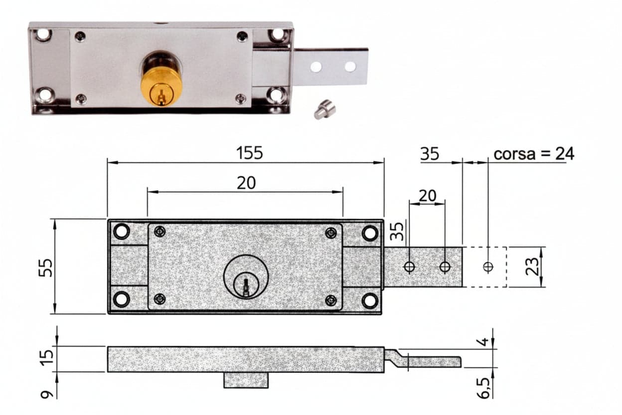 SERRATURA PER SERRANDA LATERALE CILINDRO FISSO TONDO- - SX mm.155x15x55h. (8233.9) - 2 pezzi VIRO