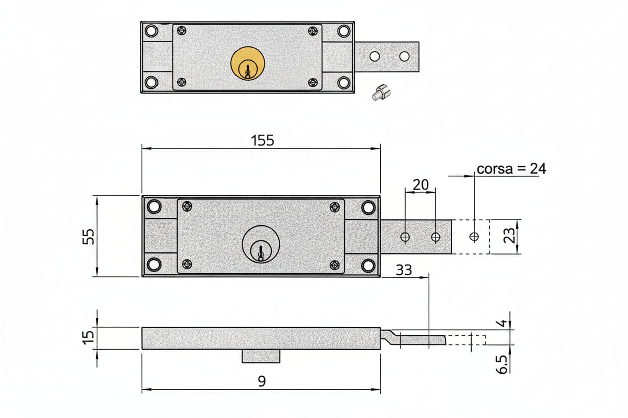 SERRATURA PER SERRANDA LATERALE CILINDRO FISSO TONDO- - DX mm.155x15x55h. (8232.9) - 2 pezzi VIRO
