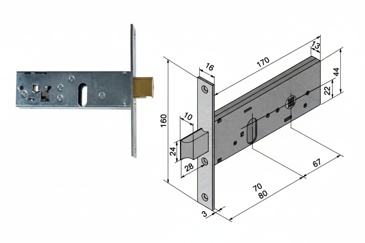 Serratura da Infilare per Fasce Catenaccio e Scrocco 44 mm H 130 70 mm