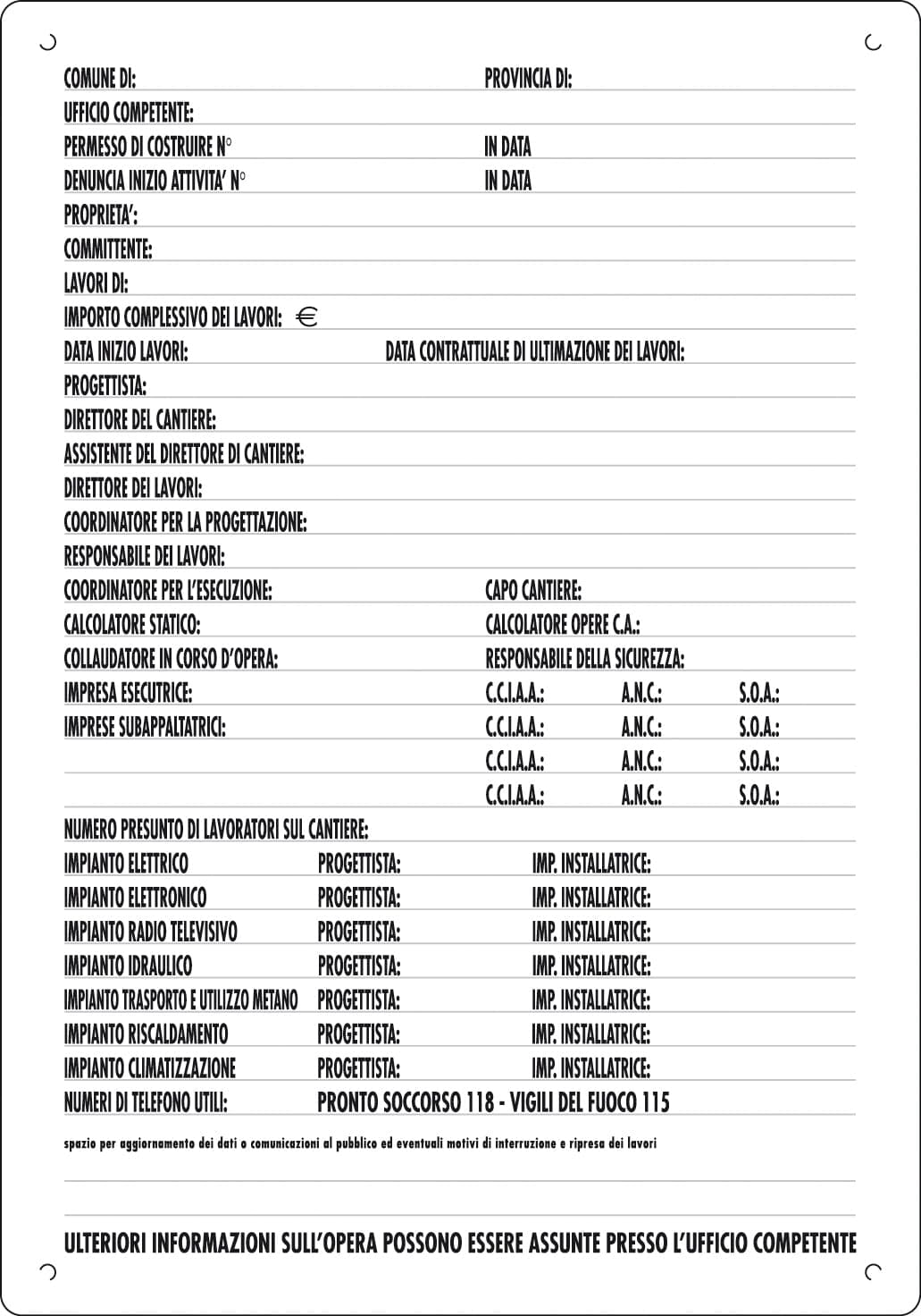Cartello Direzione Lavori 80X60 Cm- 10,0 Pz