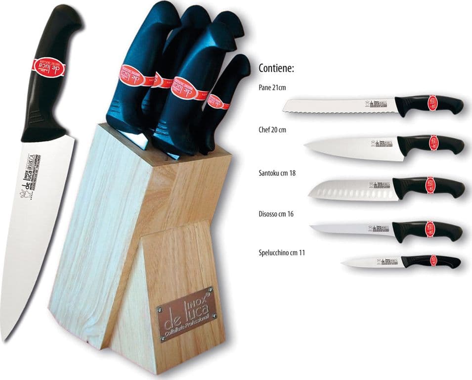 Coltello Cucina Linea in Ceppo Massello De Luca Horeca 5 Pezzi
