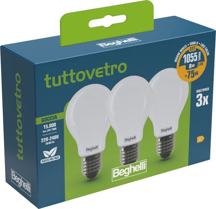 Beghelli LED Goccia E27 8W 58050 Calda 3000K 10 Confezione 3 Pezzi
