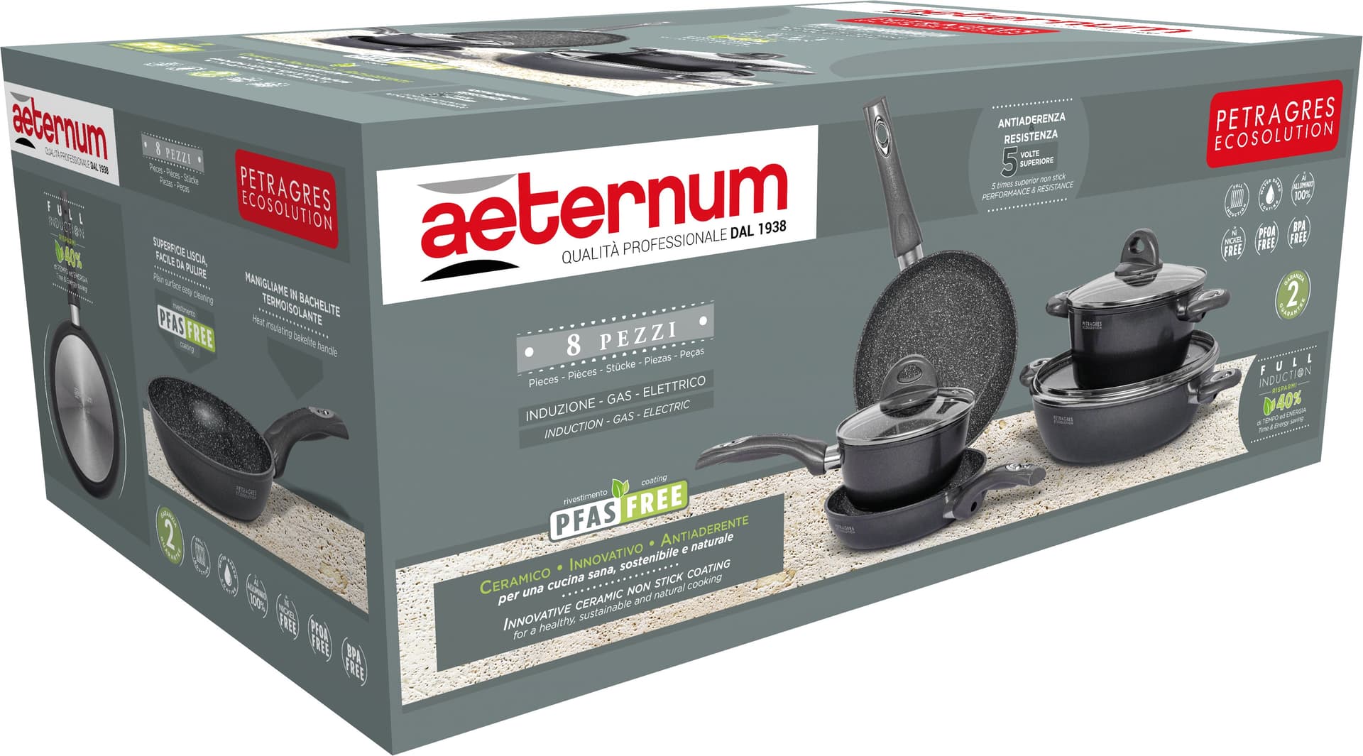 Aeternum Batteria Pentole Petragres Ecosolution Pz.8 in Padelle a saltare BricoGo - Marano di Napoli, commercioVirtuoso.it