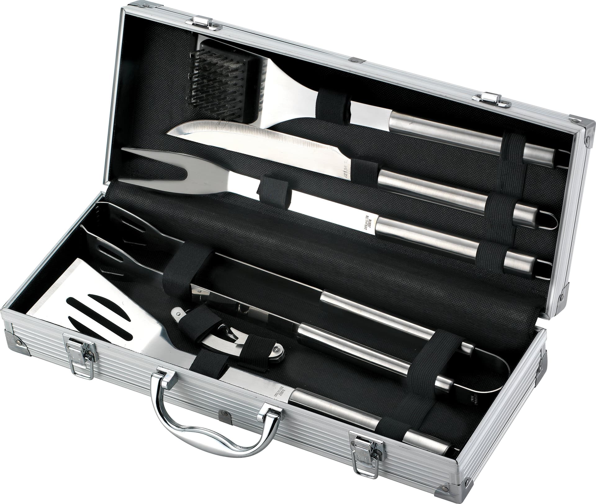 Set Utensili per Barbecue Inox Valigetta in Alluminio 6 Pezzi Ompagrill