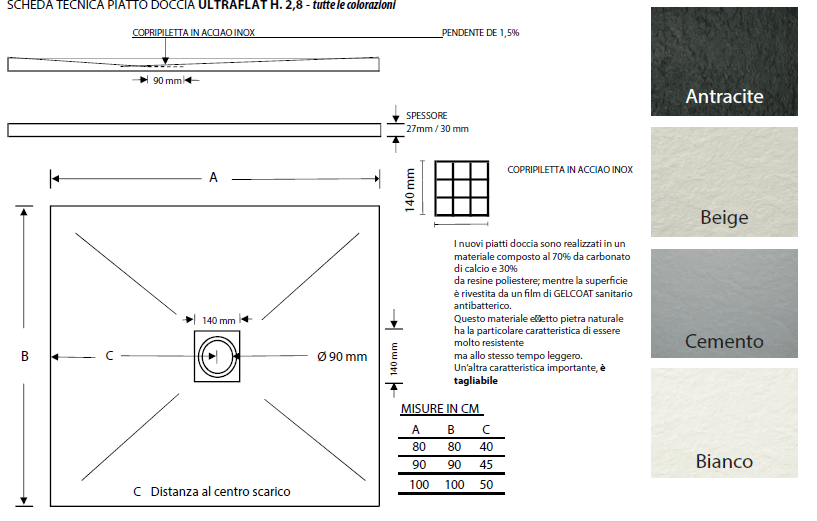 Piatto Doccia Ultraflat Cemento Quadrato H. 2.8 90X90 - 1 Pezzi - Cardinale in Tappetini BricoGo - Marano di Napoli, commercioVirtuoso.it