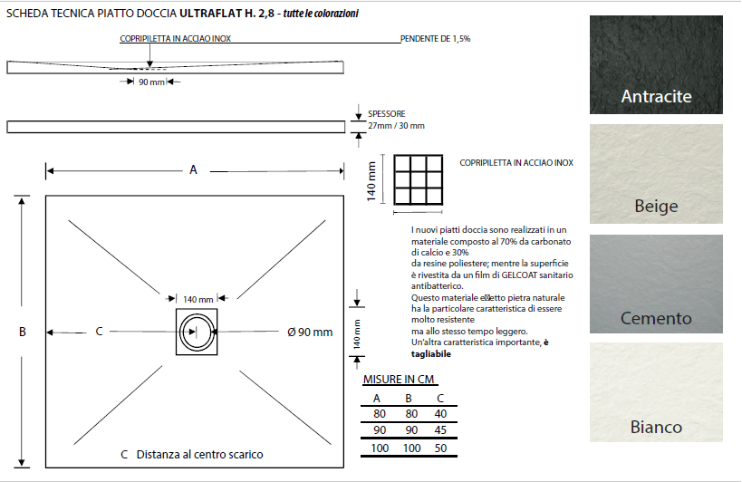 Piatto Doccia Ultraflat Cemento Quadrato H. 2.8 90X90 - 1 Pezzi - Cardinale in Tappetini BricoGo - Marano di Napoli, commercioVirtuoso.it