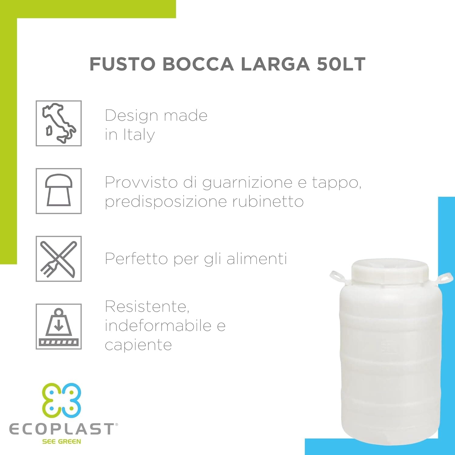 Bidone Fusto 'Bocca Larga' Lt. 50 In Plastica 2 Pezzi Ecoplast in Distributori d'acqua BricoGo - Marano di Napoli, commercioVirtuoso.it