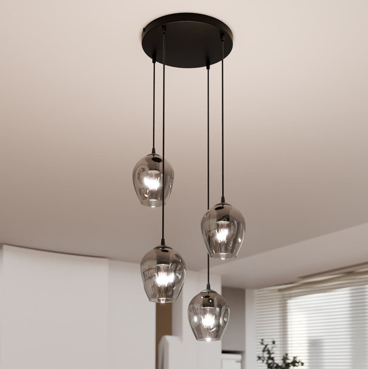 Lampadario 4 Luci Istar Base Tonda In Acciaio Nero E Vetri Fumè in Lampade a sospensione LuceArt - Montecorvino Pugliano, commercioVirtuoso.it