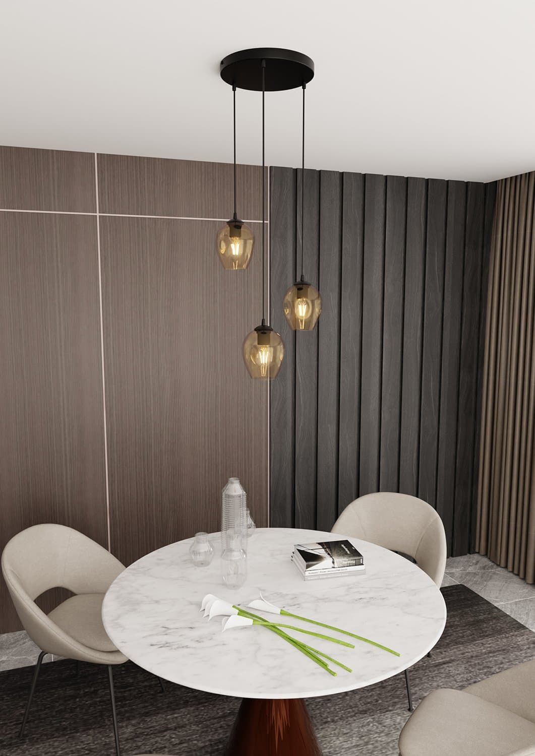 Lampadario 3 Luci Istar Base Tonda In Acciaio Nero E Vetri Ambra in Lampade a sospensione LuceArt - Montecorvino Pugliano, commercioVirtuoso.it