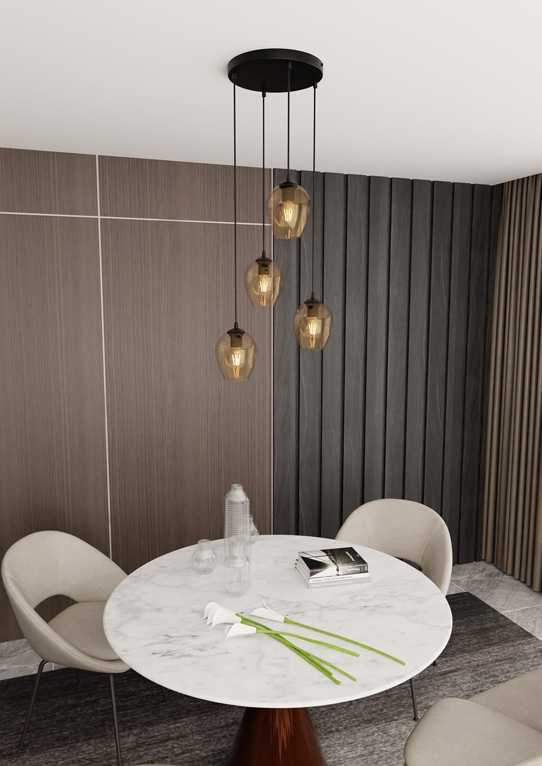 Lampadario 4 Luci Istar Base Tonda In Acciaio Nero E Vetri Ambra in Lampade a sospensione LuceArt - Montecorvino Pugliano, commercioVirtuoso.it